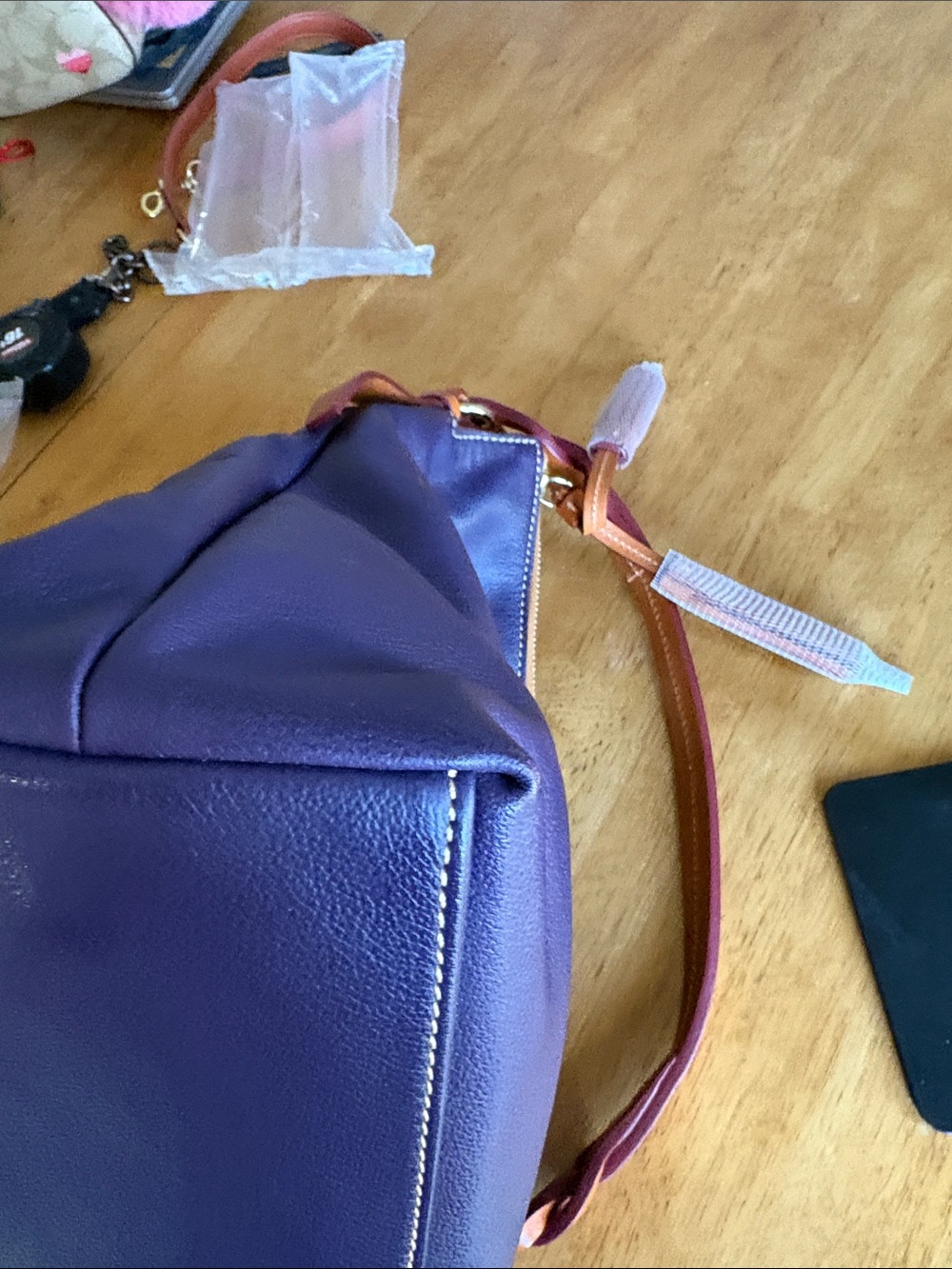 Dooney & Bourke Plum small Sloan pebbled Leather Shoulder Hobo with Tan Trim - Picture 6 of 9